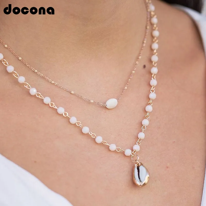

Docona Boho Gold color Seashell Imitation Pearl White Beaded Chain Beach Party Wedding Cain Choker Jewellry Collaers 8209