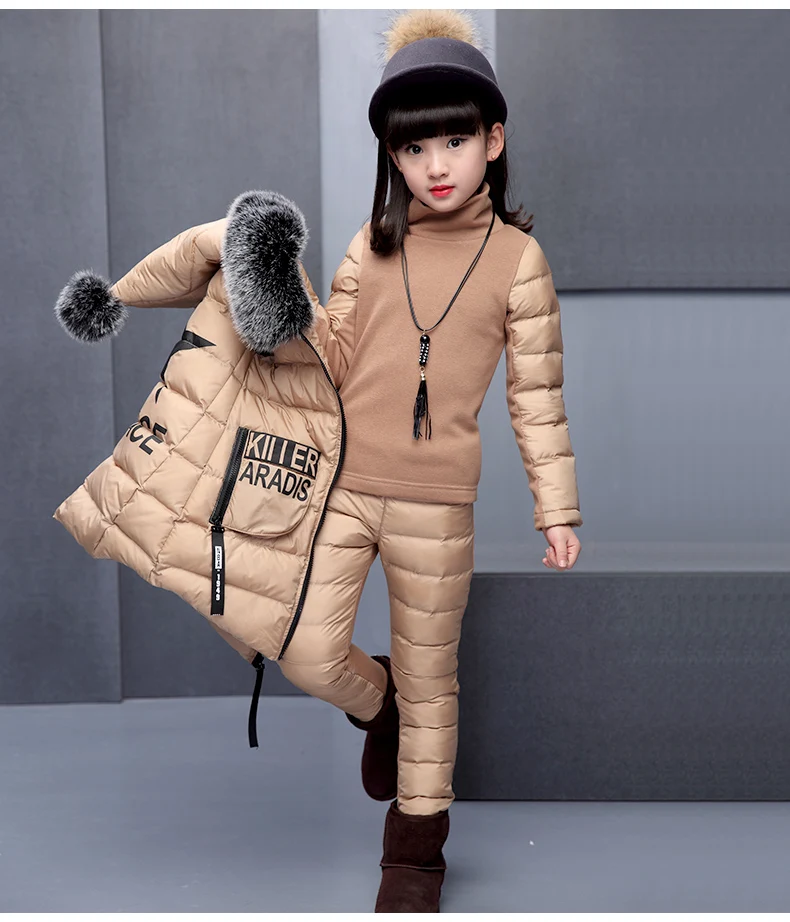 Girls Clothing Sets For Russia Winter Hooded Warm Vest Jacket top Cotton Pants 3 Pieces Set Kid Girl Cotton Coat Fur Collar Hood