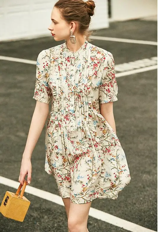 Женское платье свободное шелковое с принтом и деревянными ушками лето 2019 |