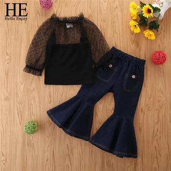 

HE Hello Enjoy Summer Baby Girl Clothes Fashion 2-6 Years Infant Kid Black Mesh Top Jeans Denim Pants Outfit Clothes Sets