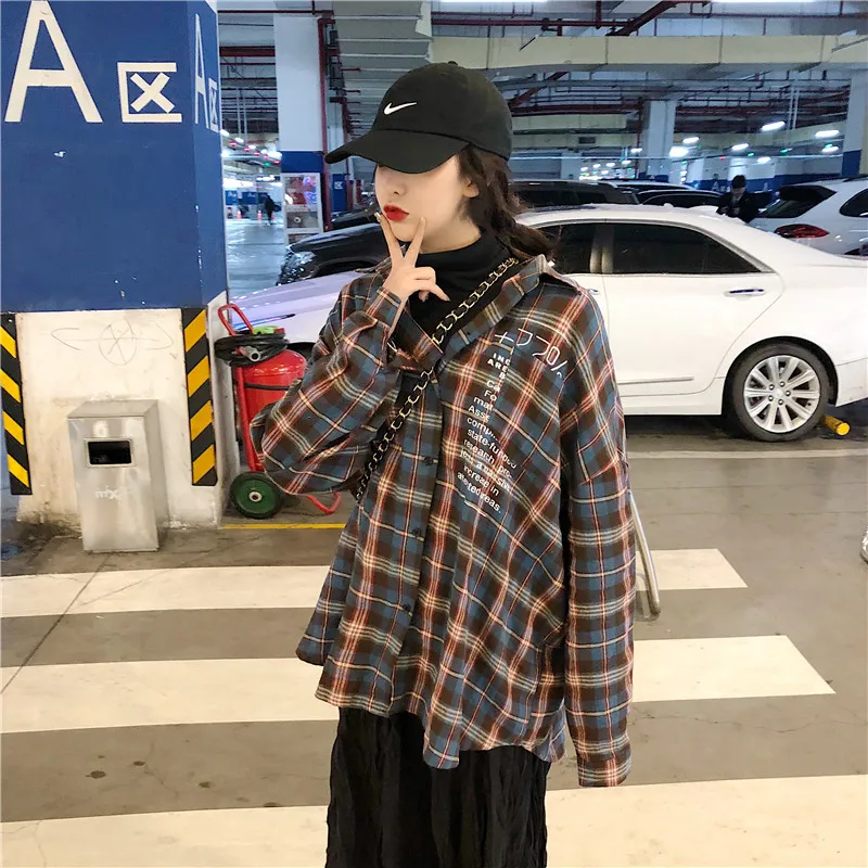 Япония Ulzzang Повседневная рубашка в клетку с лацканами и надписью женские рубашки леди каваи Винтаж Женский Панк Харадзюку туника для женщин топ Ins