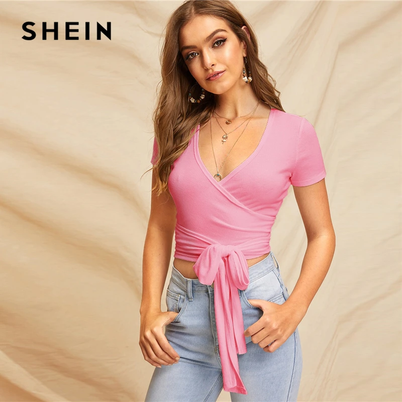 SHEIN, сексуальный облегающий топ с глубоким v-образным вырезом и поясом, женская летняя Элегантная футболка с коротким рукавом