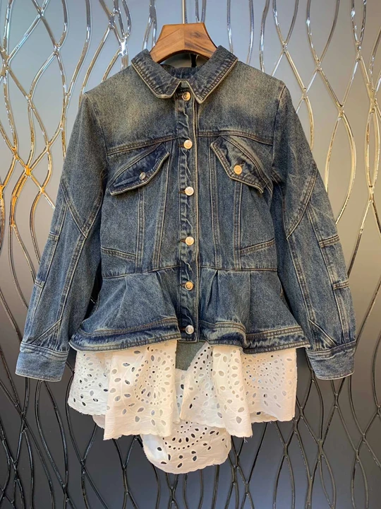 Early Autumn New Girl Turn-lapel Bottom White Lace Edge Stitching Removable Jean Topcoat 1101