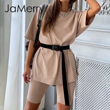 

JaMerry Casual solid new women's two piece suit including belt solid color home loose sports fashion leisure suit summer 2020