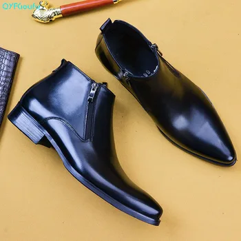 

QYFCIOUFU Men's Dress Ankle Zip Genuine Cow Leather Boots 2019 Autumn British Fashion Men Shoes Boots Black Brown Chelsea Boot