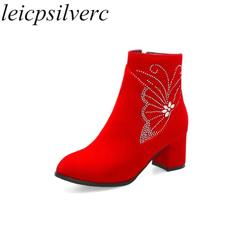 

Women's Boots Autumn Winter High Heel Warm Flock Round Toe Zipper Crystal Ankle Chelsea Shoes 2019 New Sexy Fashion Black Red