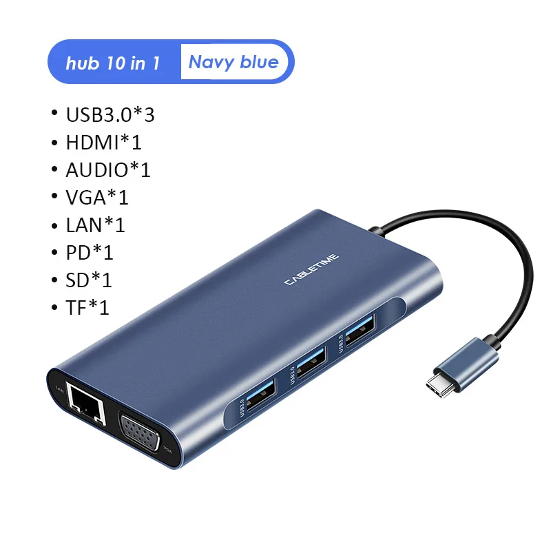 Кабель USB C концентратор к HDMI USB 3,0 VGA мульти концентратор кард-ридер RJ45 USB C дата передачи адаптер для Matebook PD зарядки N305 - Цвет: 10in1 Dark Blue HUB