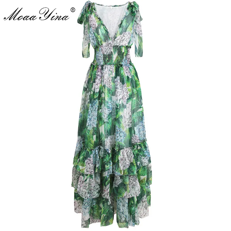 MoaaYina, летнее подиумное платье для женщин, на тонких бретелях, v-образный вырез, зеленые листья, цветочный принт, эластичная талия, богемное пляжное нарядное платье