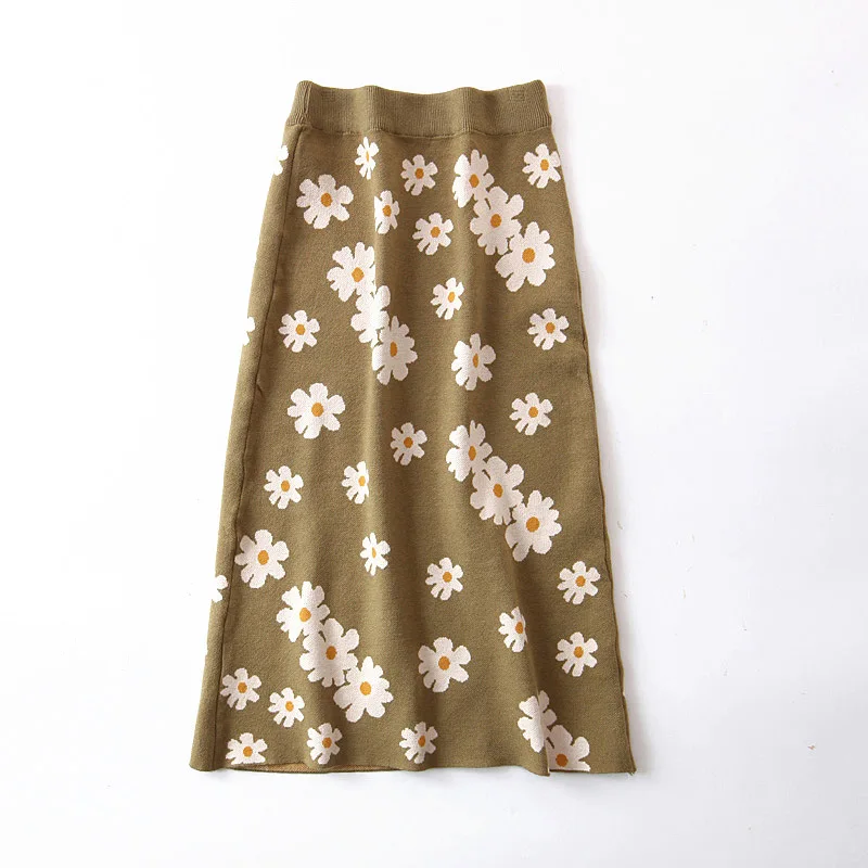 QZ017 Korean Design Daisy Floral Jacquard Elastic Waist Sweater Skirt Women Winter Sweet Knitted Skirts Saias