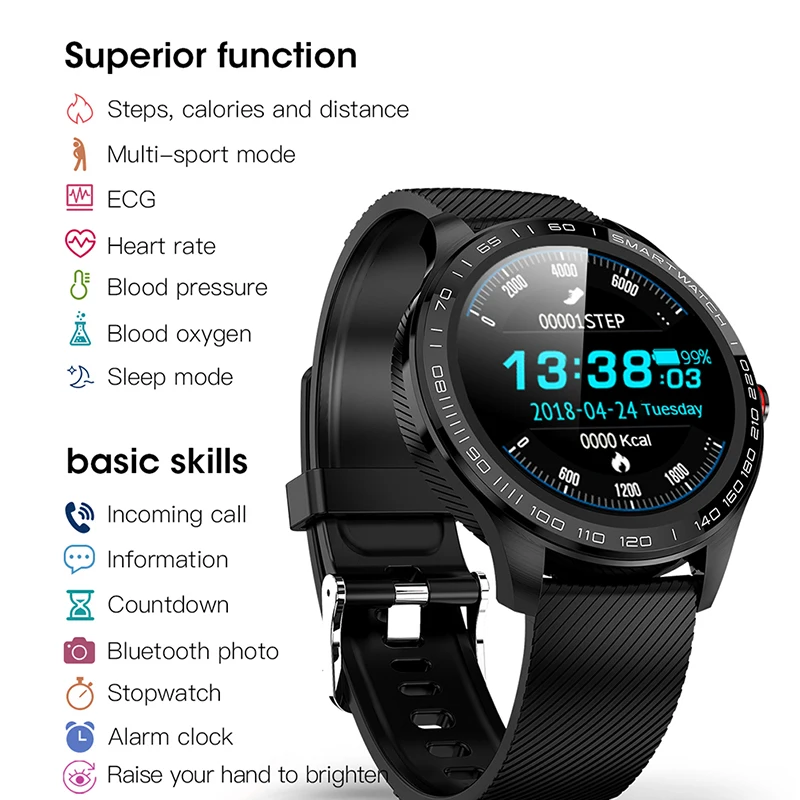 Smartband ECG smartwatch 1,3 дюймов Большой экран IP68 браслет для измерения артериального давления для мужчин фитнес-трекер Водонепроницаемый для ios android телефонов