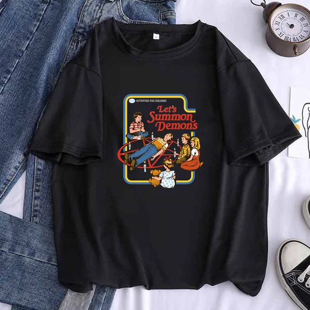 Let's Summon Demons Printing Women's Funny T Shirts 2021 Summer Round Neck Clothes Oversize Harajuku 90s Top Tee,Drop Ship T286A-Black