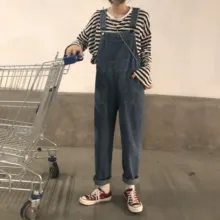 Винтажный костюм из джинсовой ткани на бретельках, свободный обтягивающий студенческий комбинезон