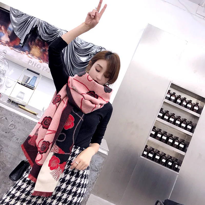Зимний кашемировый шарф с цветочным принтом женские зимние теплые шали и обертывания брендовый дизайнерский длинный палантин утолщенные Пончо Накидки