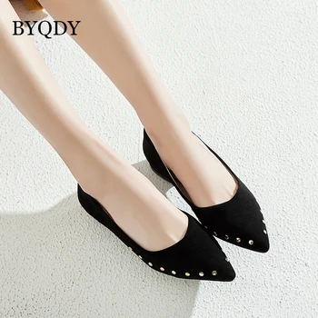 

BYQDY Sexy Rivet Woman Pumps Black Low Heels Shoes Slip-on Dress Casual Pumps Pointed Toe Lady Prom Shoes Spring Large Size 43