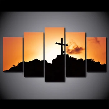 

5 Panel Canvas Art Christian Cross On The Hill Sunset Modern Canvas Prints Wall Pictures For Living Room