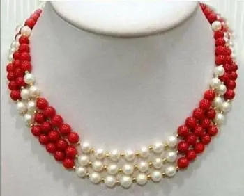 

Fashion Charming 3 Rows Real Freshwater White Pearl Red Coral Necklace