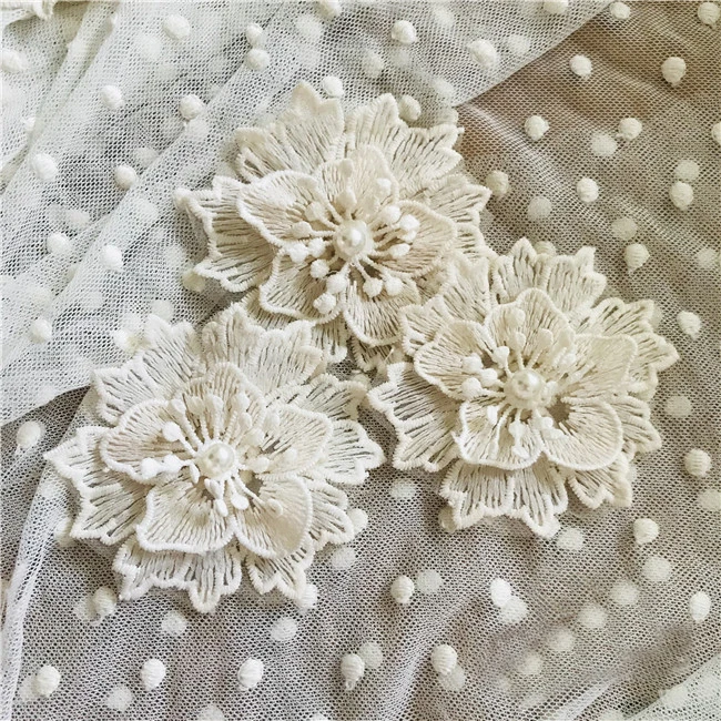 Flower Lace Applique 10pcs Ivory Beige Beaded Organza Embroidery Floral Patches for Dress Sweater Clothes 8cm 3.1