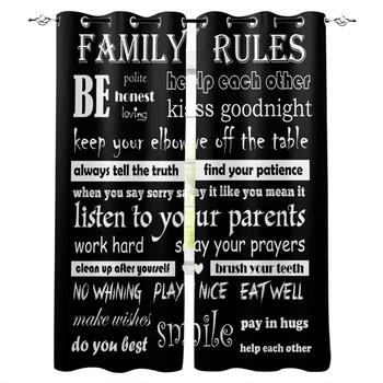 

Family Rules Text Black Window Curtains LivingRoom Kitchen Curtains Left and Right Biparting Open