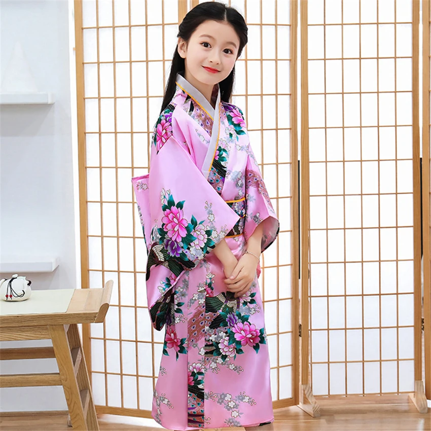 12 Colors Children Kimono Traditional Japanese Style Peacock Yukata Dress for Girl Kid Cosplay Japan Haori Costume Asian Clothes