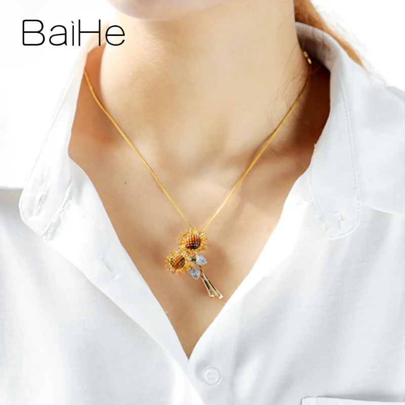 BAIHE Solid 14K белый+ желтое золото натуральные бриллианты+ тигровый глаз+ цаворит+ желтый Sapphirs прекрасный ювелирный подарок кулон/брошь