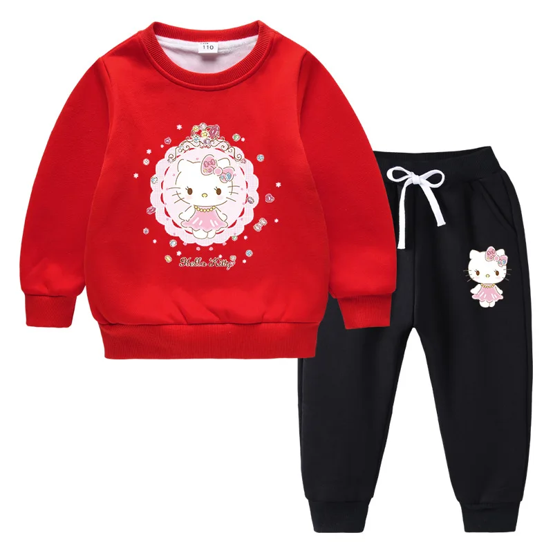 thumbnail image 1 of Ropa para niños de Hello Kitty, conjunto con capucha con estampado bonito, deportes informales de invierno para niñas, manga larga, además de ropa cálida de terciopelo para niños, 1 of 5