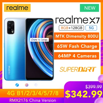 Перейти на Алиэкспресс и купить Realme X7 8 ГБ ОЗУ 128 Гб ПЗУ 5G сеть MTK Dimensity 800U 65 Вт Superdart Flash Charge 64-мегапиксельная четырехъядерная камера многоязычный игровой магазин