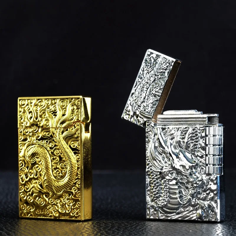  Dragon Gas Lighter Grinding Jet Gas Flint Lighter Butane Metal Emboss PING Bright Sound Cigarette C