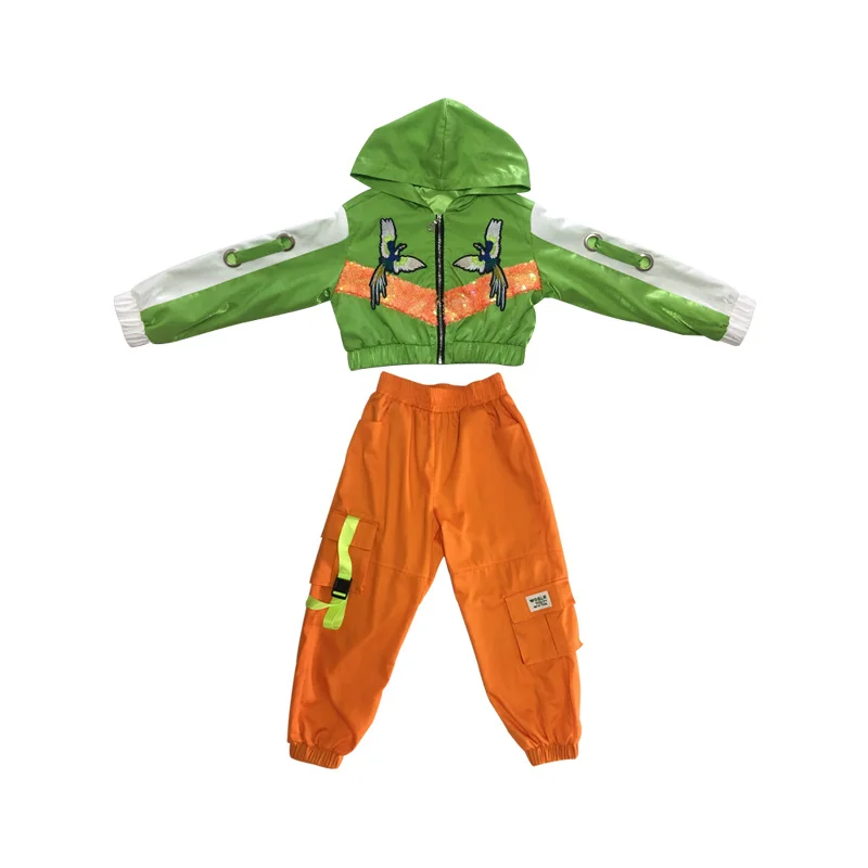 Coat And pant Джазовый танцевальный костюм для девочек пальто с длинными рукавами и блестками оранжевые штаны в стиле хип-хоп детский осенний костюм в стиле хип-хоп Уличная одежда BL2763 - Цвет: Coat And pant