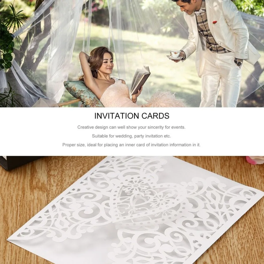  10 Pcs Heart Wedding Invitation Cards Laser Cut Hollow Out Envelopes Seals Invitation Covers Weddin - 4.00013E+12