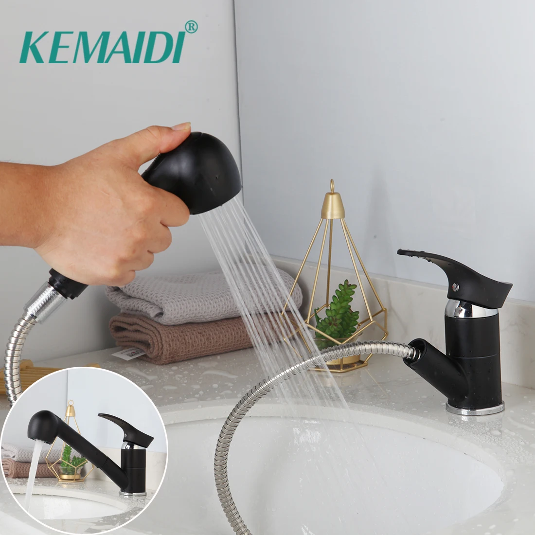 Kemaidi Nero Rubinetto Della Cucina Singolo Foro Pull Out Becco Kitchen Sink Rubinetto Miscelatore Con Il Rubinetto Flusso Spruzzatore Testa Chrome/Ne