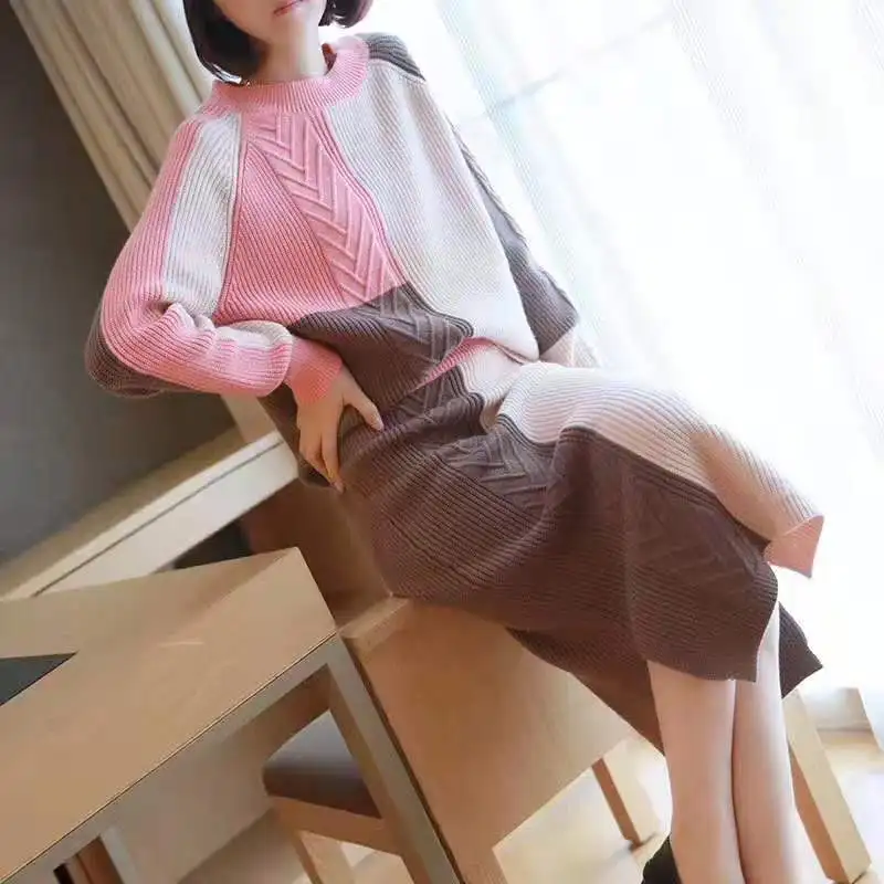 pink Комплект из двух предметов, свитер, костюмы, Осень-зима, Женский комплект, твист, вязанный, длинный рукав, пуловер+ до середины икры, Теплая юбка, комплект, Повседневная вязаная одежда - Цвет: pink