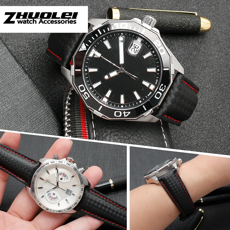 Textura de Fibra de Carbono Couro Genuíno Pulseira Inferior para a Marca Pulseiras Cintas Masculinas 19 mm 20 mm 22 mm com Fivela Dobrável - Image 5