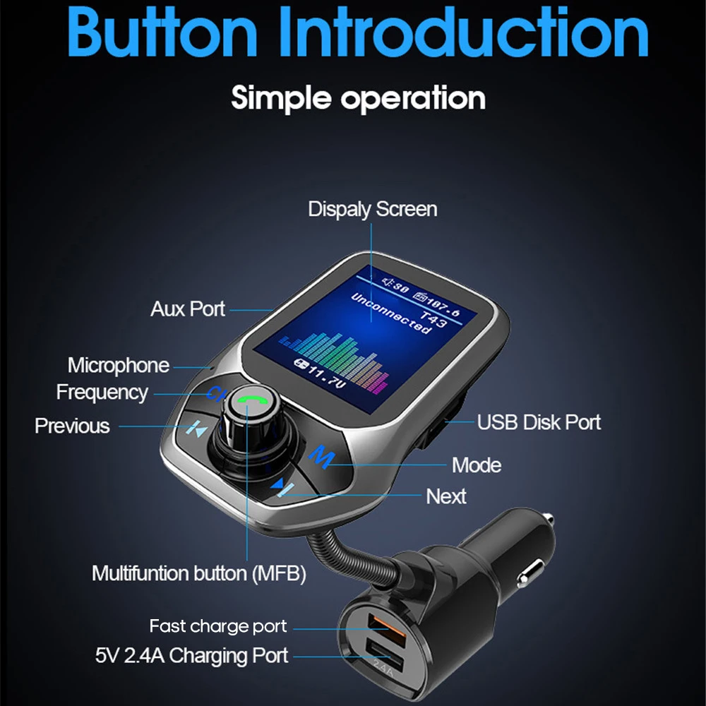 T43 Car MP3 Player Multi-function BT5.0 FM Transmitter Dual USB Chargers Support Hands-free TF Card U Disk Music Play