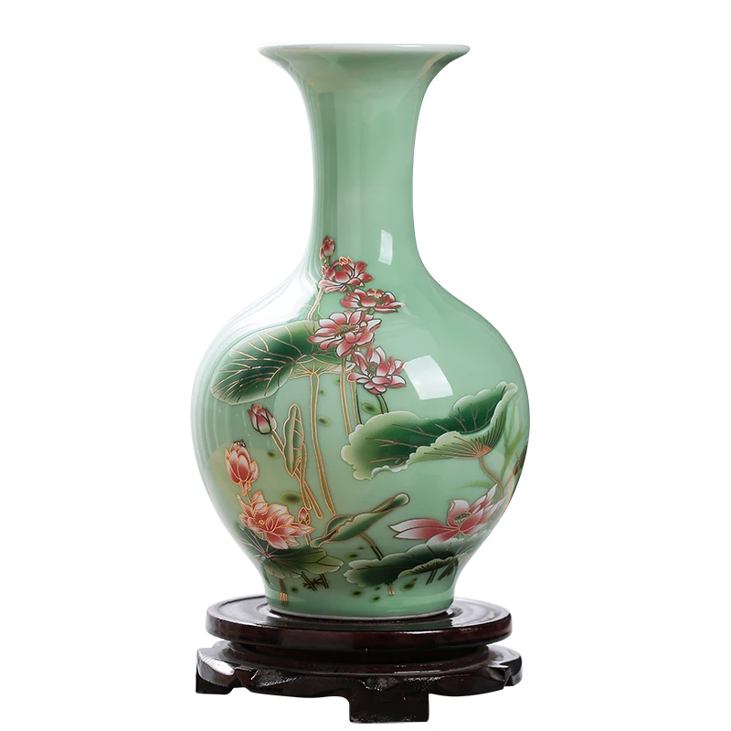 Jingdezhen Porcelain Vase ornament, living room flower arrangement, dry flower, antique lotus pattern,light green glaze vases 2