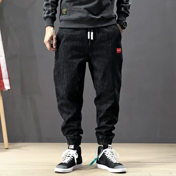 

Japanese Style Fashion Men Jeans Loose Retro Black Harem Pants Elastic Waist Slack Bottom Streetwear Hip Hop Joggers Jeans Men