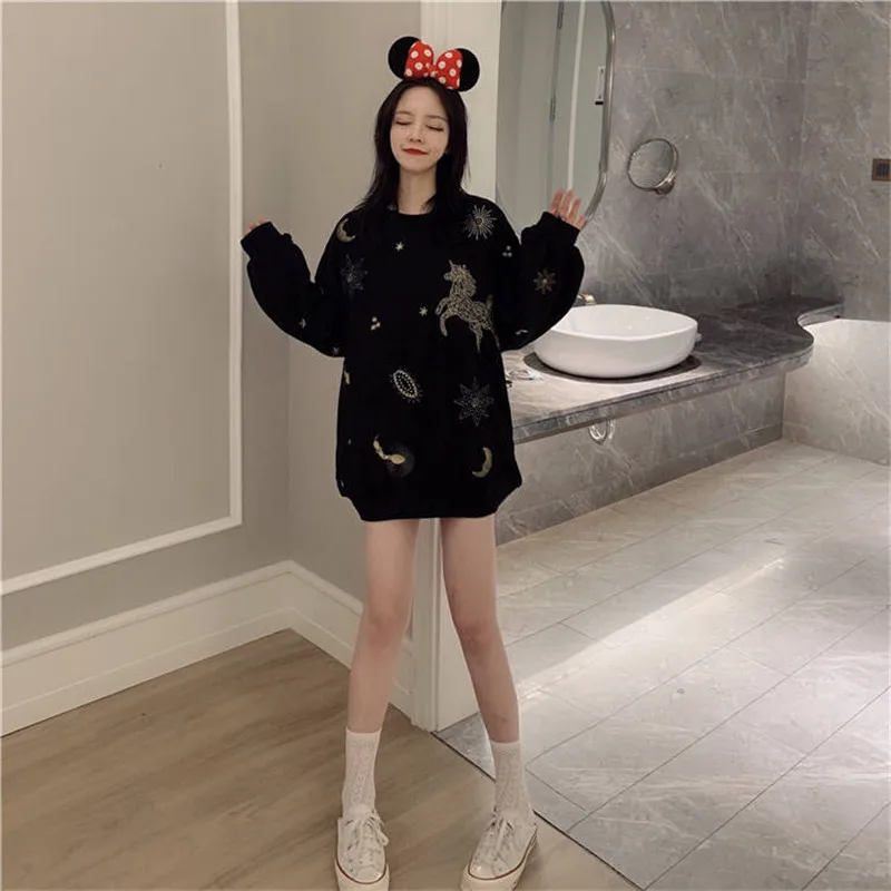 Harajuku Японская толстовка женская мужская толстовка черные толстовки крутая вышивка животных пуловер с длинными рукавами свободные толстовки для девочек