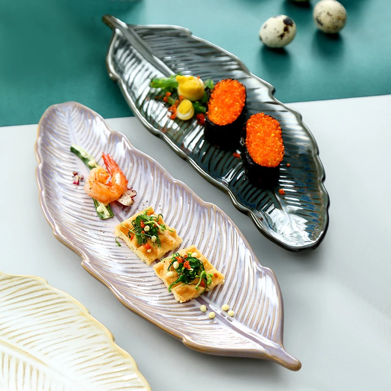 Креативное блюдо для суши в форме листа, тарелка для десерта, торта, 10 дюймов, светильник, роскошная керамическая тарелка, столовая посуда, плоская тарелка