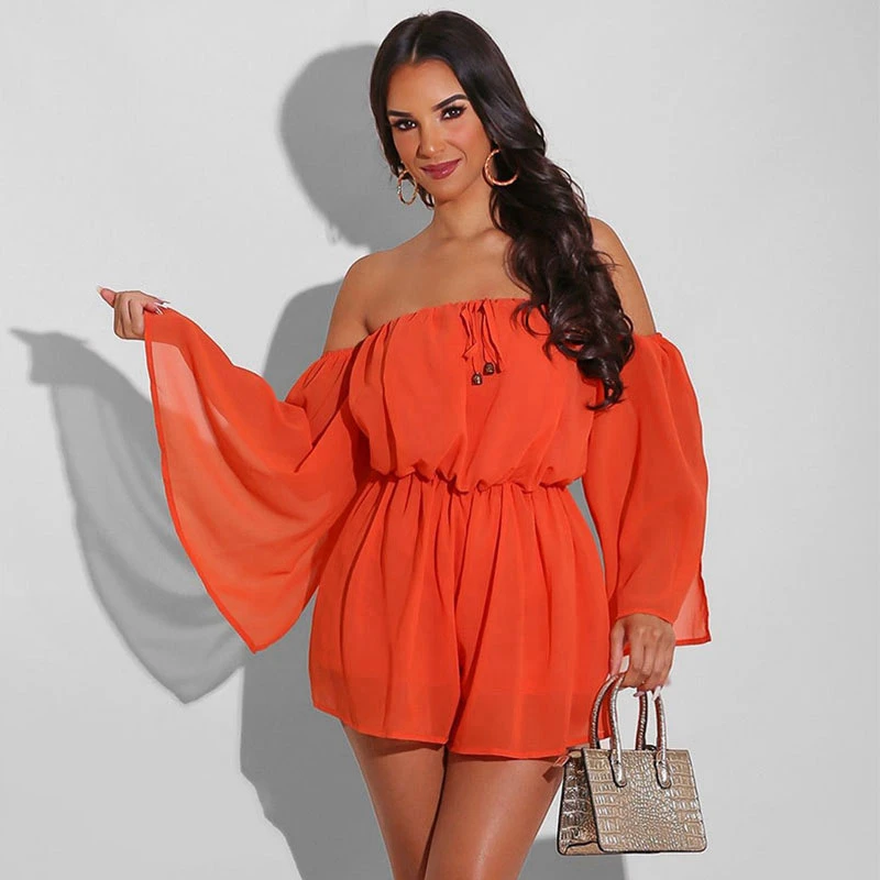 Summer Fashion Women One Piece Jumpsuits Solid Sexy Off Shoulder Long Split Flare Sleeve Rompers Casual Chiffon Bodycon S-XXL