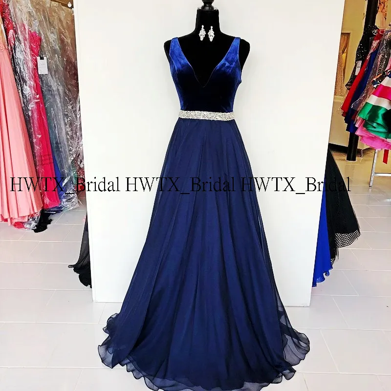 HWTX_Bridal платья для выпускного вечера на заказ Новое Королевское синее длинное Тюлевое вечернее платье трапециевидной формы с v-образным вырезом и поясом из бисера Vestidos de fiesta