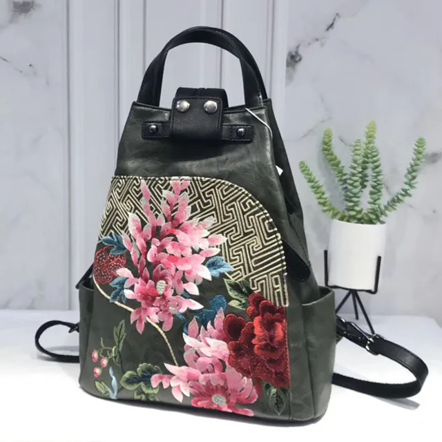 Bags Women Retro Chinese Style Embroidery Luxury women's Backpack PU Leather Personality All-match Casual Female Bag Green