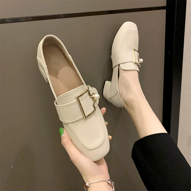 

2019 Spring New Style Korean-style Versatile England Small Leather Shoes Slip-on Moccosins Chunky-Heel Square Buckle Shoes Women