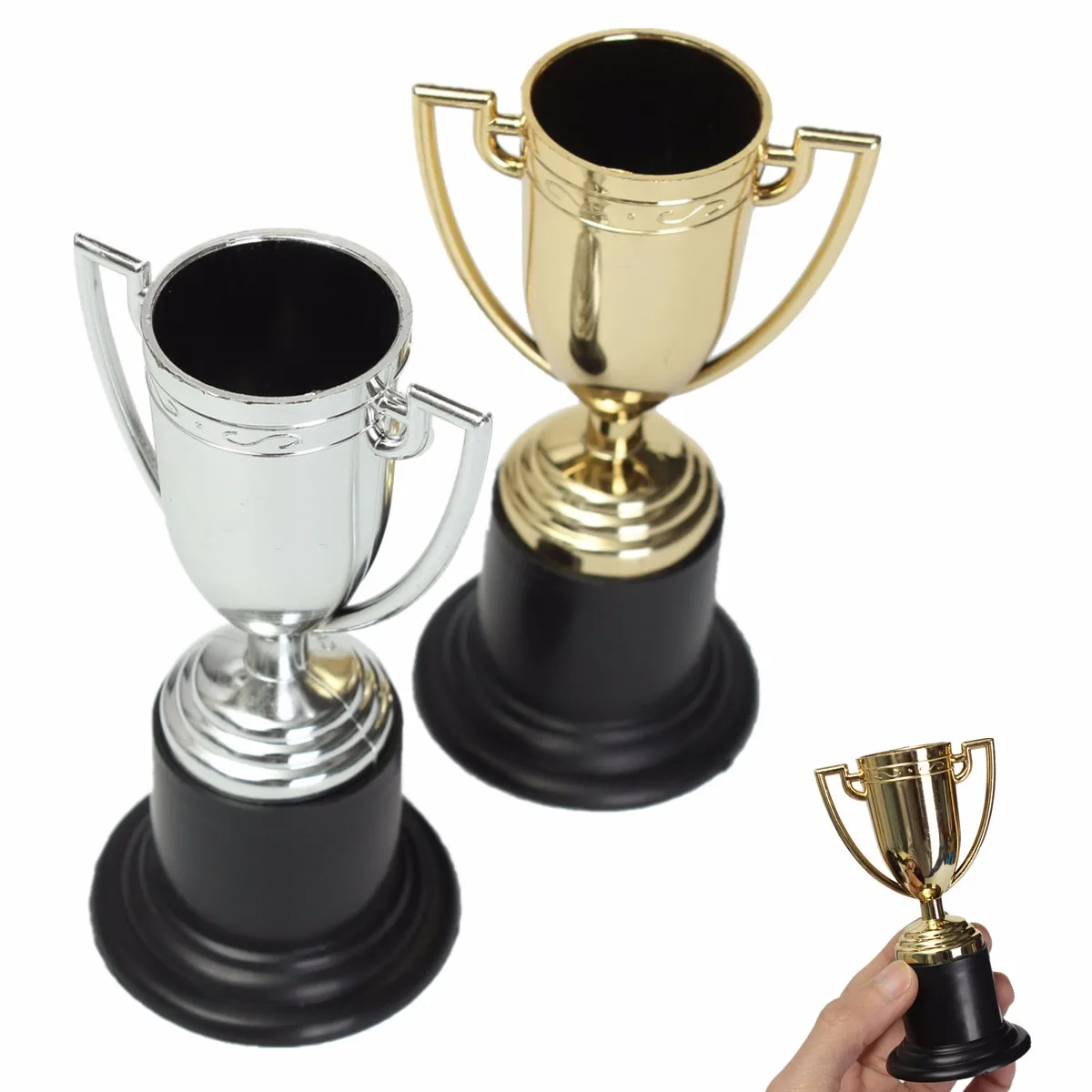NEW 12 MINI GOLD & SILVER COLOURED PLASTIC TROPHY TOY 