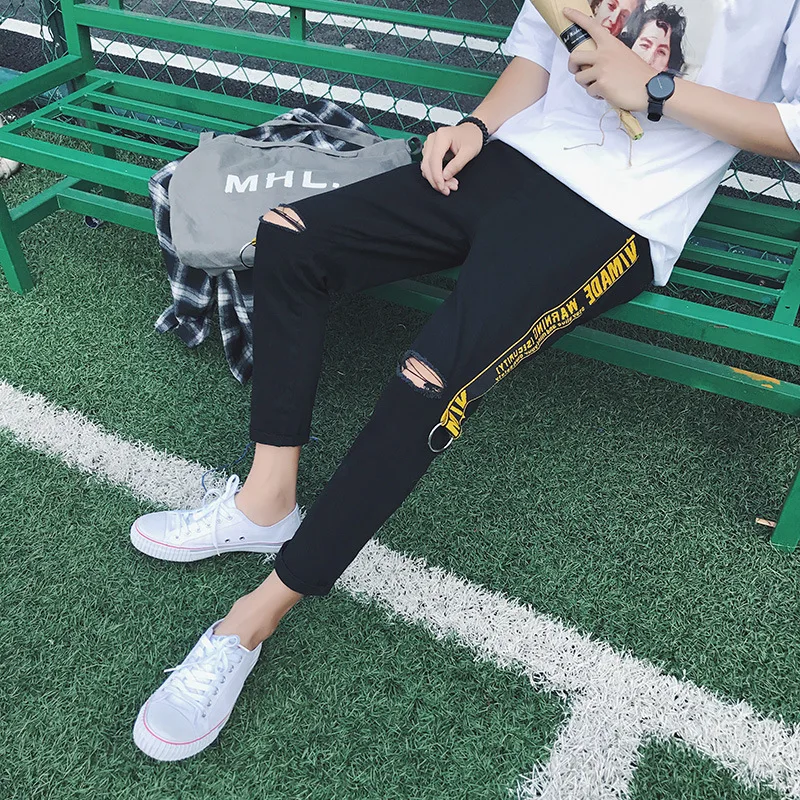 Wholesale Summer thin ribbon Cowboy knee Cut hole White skinny jeans slim ankle length pants men's casual pencil pants