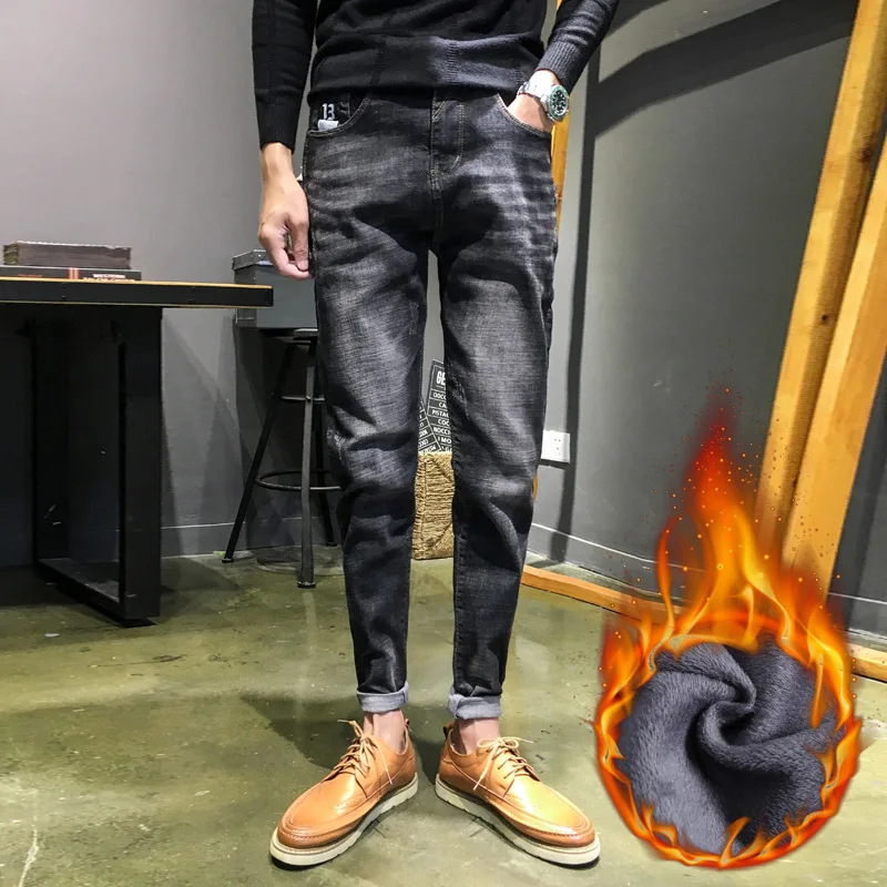 Зимние флисовые брюки Pantalones Hombre джинсы Para Hombre плюс бархатные прямые зимние джинсы мужские корейские Стрейчевые джинсы мужские черные