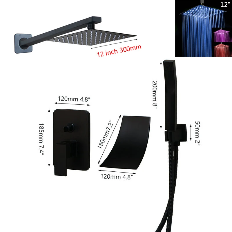 LED 12 Inch Shower JIENI 8 12 16 дюймов матовый черный душ дождевая Ванна душевой кран светодиодный для ванной дождевая квадратная душевая головка водопад душевой кран Набор - Цвет: LED 12 Inch Shower