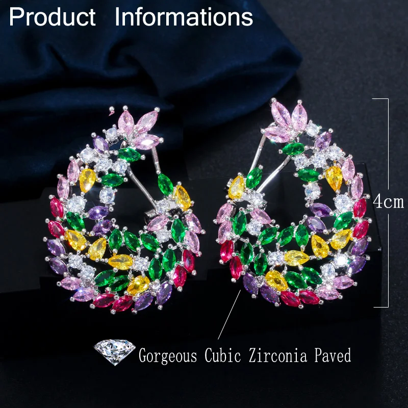 CWWZircons Full Multicolor Cubic Zircon CZ Trendy Elegant Big Flower Drop Earrings for Women Fashion Wedding Prom Jewelry CZ637