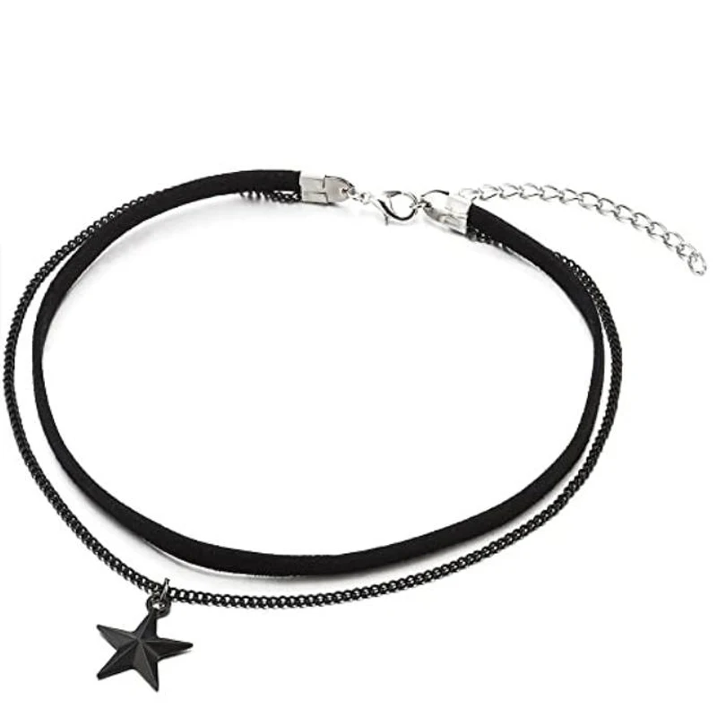 Two-Rows Black Choker Necklace with Black Chain and Pentagram Star Charm Pendant Multilayer Collar Necklace - Image 4