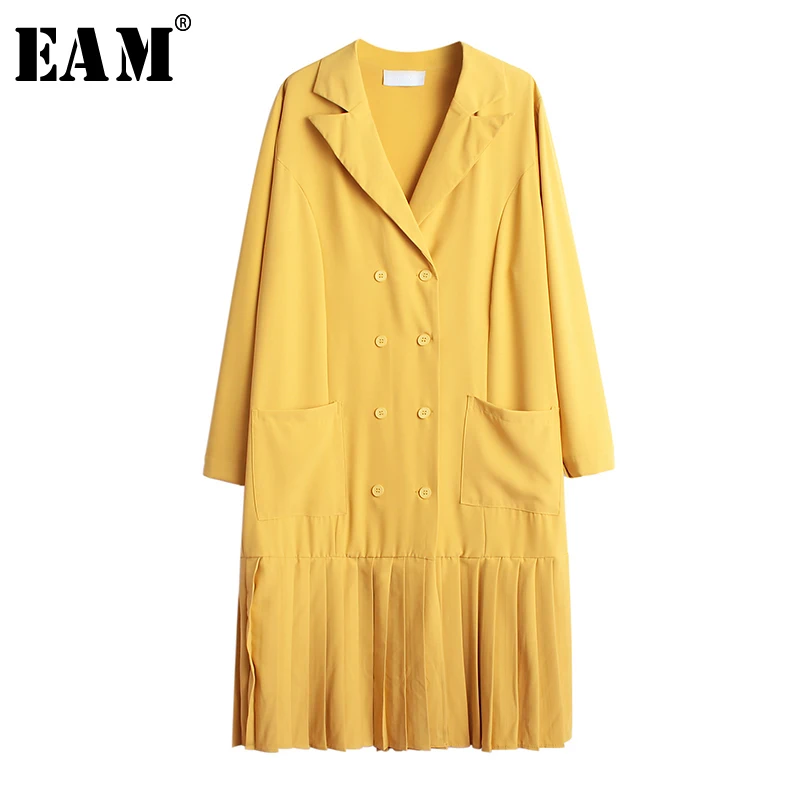 

[EAM] Women Double Breasted Pocket Pleated Dress New Lapel Neck Long Sleeve Loose Fit Fashion Tide Spring Autumn 2019 1A564
