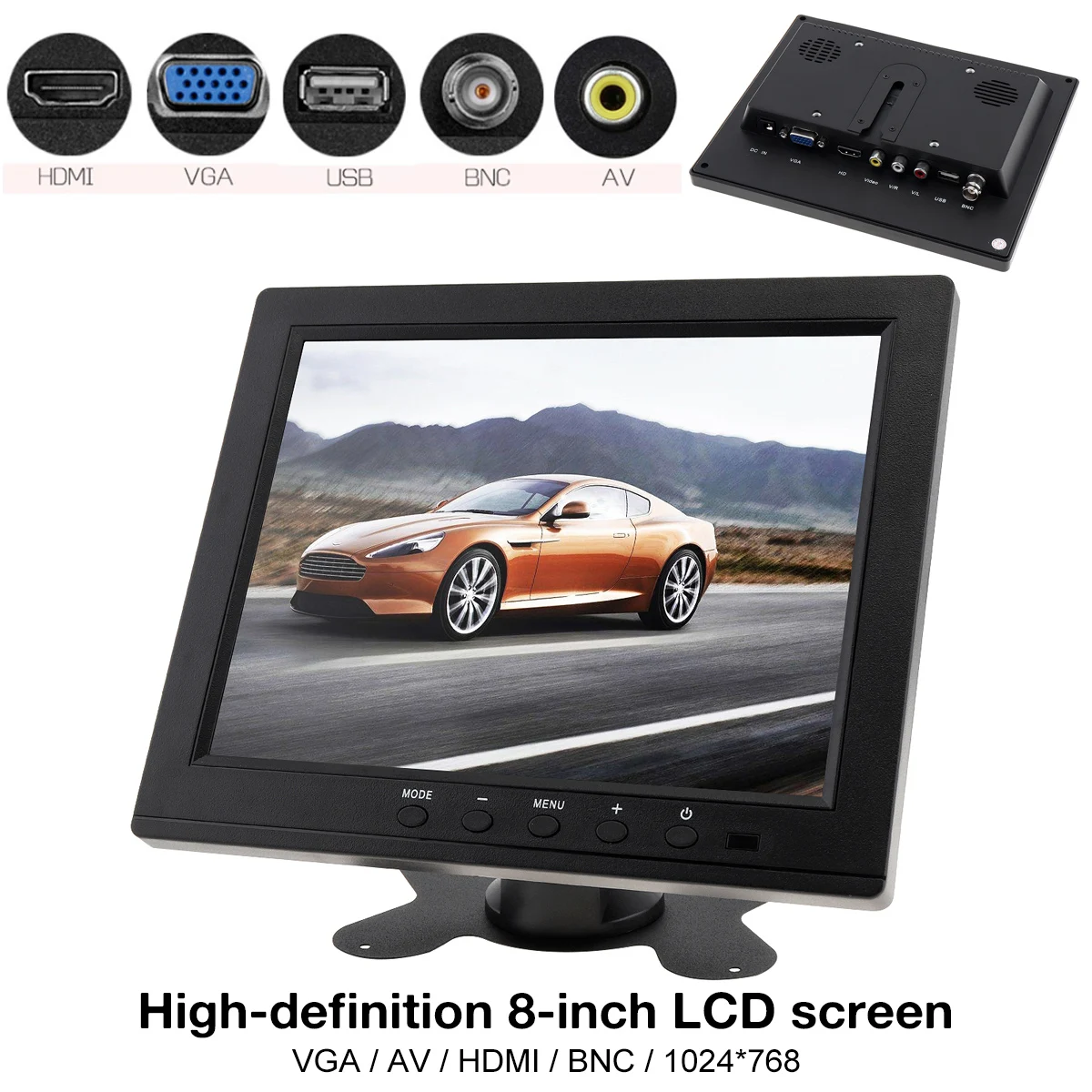 

8 Inch HD TFT-LCD Color Display Monitor Mini TV Computer 2 Channel Video Input Security Monitor with Speaker VGA HDMI for Car