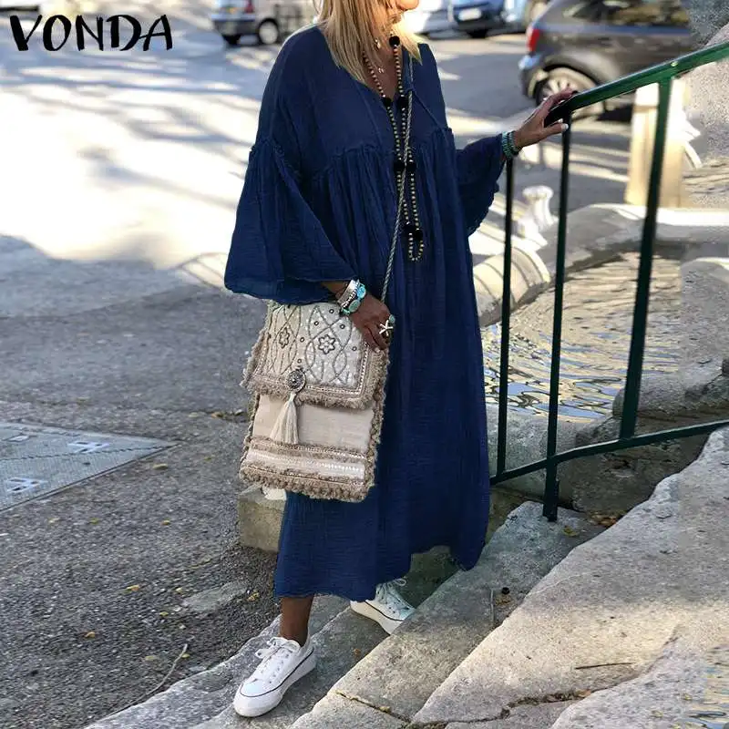 

Plus Size Maxi Long Dress 2019 VONDA Summer Sexy V Neck Long Sleeve Party Sundress Casual Loose Beach Sundress Robe 5XL Vestidos